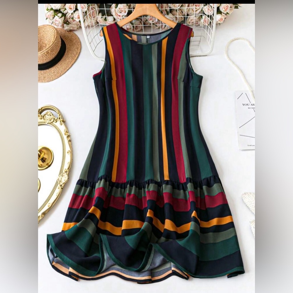 SHEIN Multicolor Vertical Stripe Ruffle Hem Mini Dress